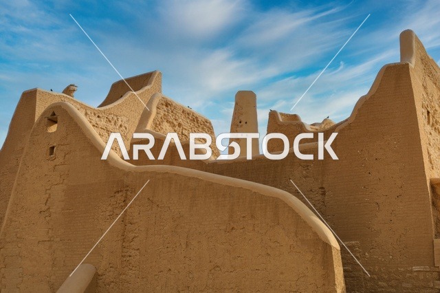 The establishment of the first Saudi state in 1727, the ancient heritage clay houses in the historic Al-Turaif neighborhood, the old Diriyah in the city of Riyadh in the Kingdom of Saudi Arabia, ancient popular historical archaeological landmarks, tourist places in Saudi Arabia.