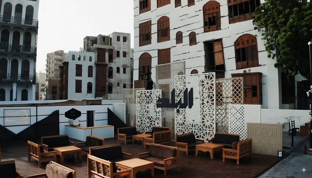 Historical tourist sites in the Kingdom of Saudi Arabia, the historical city in Jeddah with ancient Arab and Islamic architectural design, historical landmarks in Jeddah Al-Balad, the historical city of Jeddah, and the archaeological buildings in the historical district of Jeddah.