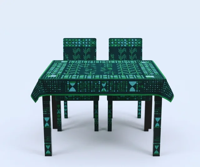 Traditional engravings and embroidery, national occasions and holidays, celebrating Saudi National Day on September 23, Flag Day on March 11, the National Day logo to commemorate the 95th anniversary of Saudi Arabia, decorative Gulf Arab shapes, the popular heritage of Sadu decoration with geometric shapes.