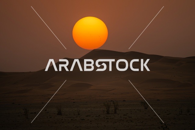 المناطق صحراوية وقت الغروب، الكثبان الرملية، اماكن سياحية، الطبيعة الصحراوية، صحراء شبه الجزيرة العربية، الرمال الذهبية، البيئة الصحراوية، تلال رملية، جمال منظر غروب الشمس في السماء، خلفية طبيعة صحراوية