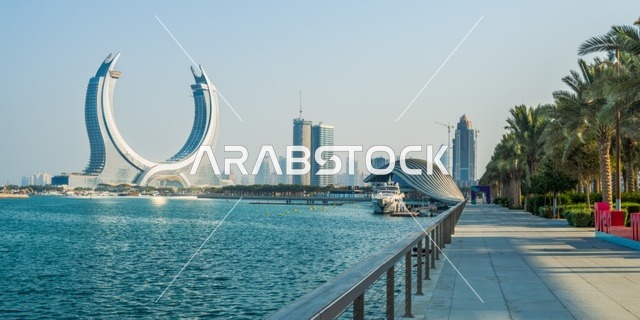 The architectural engineering art of towers and skyscrapers in Qatar, the Fairmont Doha Hotel in the Lusail area of Doha, the development and urban progress of Qatar, famous and distinctive places and landmarks, tourist areas to attract tourists from all over the world.