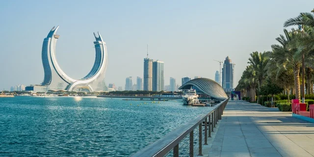 The architectural engineering art of towers and skyscrapers in Qatar, the Fairmont Doha Hotel in the Lusail area of Doha, the development and urban progress of Qatar, famous and distinctive places and landmarks, tourist areas to attract tourists from all over the world.