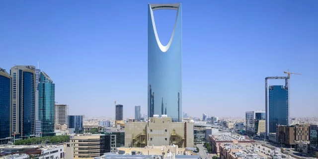 The economic and urban renaissance, a picture of the Kingdom Center in Riyadh, the financial towers in the city of Riyadh, the architectural engineering art of the famous buildings and skyscrapers in the Kingdom of Saudi Arabia during the day.