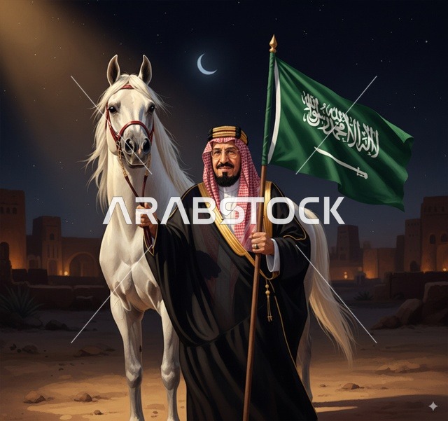 "مؤسس المملكة العربية السعودية الملك عبدالعزيز آل سعود بالزي التقليدي يحمل علم المملكة العربية السعودية وبجانبه حصان عربي أبيض، مشهد ليلي في الصحراء مع هلال ومبانٍ طينية قديمة، أجواء وطنية مهيبة، رسم فني واقعي بدقة 4K."
