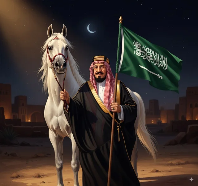 "مؤسس المملكة العربية السعودية الملك عبدالعزيز آل سعود بالزي التقليدي يحمل علم المملكة العربية السعودية وبجانبه حصان عربي أبيض، مشهد ليلي في الصحراء مع هلال ومبانٍ طينية قديمة، أجواء وطنية مهيبة، رسم فني واقعي بدقة 4K."