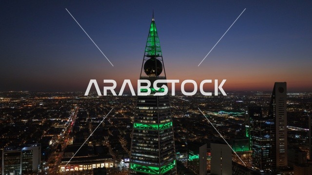 برج الفيصلية في مدينة الرياض بالمملكة العربية السعودية وقت غروب الشمس ، أبراج مدينة الرياض، أبراج وناطحات سحاب مضيئة، الفن الهندسي المعماري، معالم الرياض المشهورة