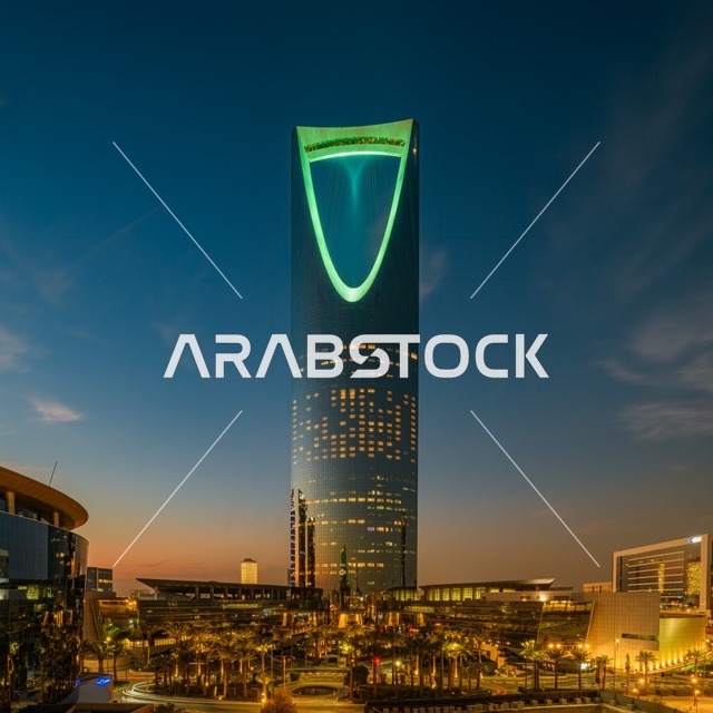 مبنى برج المملكة في مدينة الرياض ليلاً، الفن الهندسي المعماري لبناء الأبراج وناطحات السحاب على الطراز الحديث، معالم وأماكن سياحية مشهورة في المملكة العربية السعودية