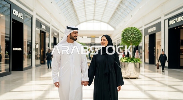 الاستفادة من التخفيضات والتصفيات ، زوجان يرتديان ملابس إماراتية تقليدية يتجولان في مركز تسوق فاخر مع متاجر راقية