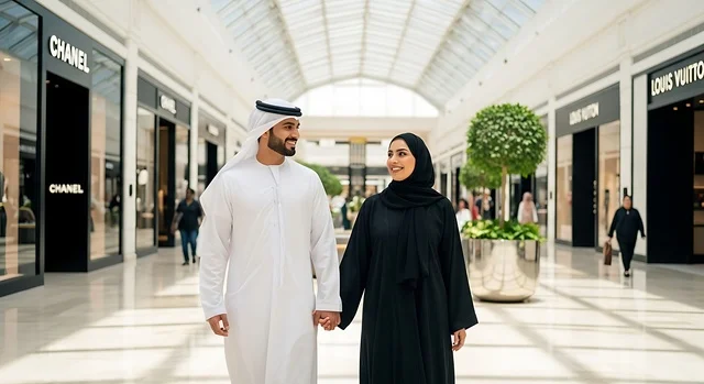 Taking advantage of discounts and sales, a couple dressed in traditional Emirati clothing strolls through a luxury shopping mall with upscale stores.