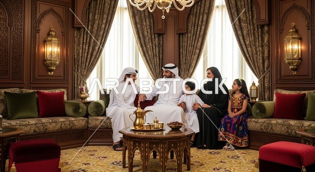 أجواء مليئة بالحب, عائلة اماراتية ترتدي الزي الاماراتي تجتمع في غرفة معيشة عربية تقليدية
