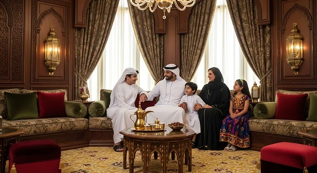 أجواء مليئة بالحب, عائلة اماراتية ترتدي الزي الاماراتي تجتمع في غرفة معيشة عربية تقليدية