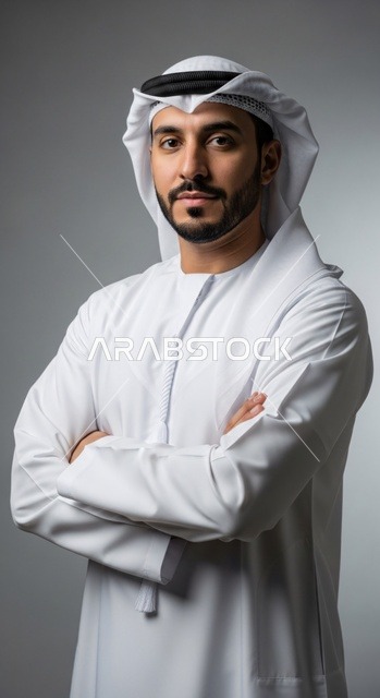 Gestures of seriousness and self-confidence, a picture of an Emirati man wearing traditional attire with his arms crossed, gray background.