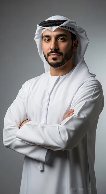 ايماءات الجدية والثقة بالنفس ، صورة لرجل إماراتي يرتدي الزي التقليدي وذراعيه متقاطعتين ، خلفية رمادية