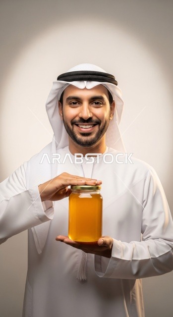 النظر الى الكاميرا بايماءات السعادة ، رجل إماراتي مبتسم يحمل جرة عسل بالزي التقليدي