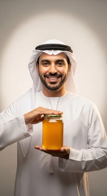 النظر الى الكاميرا بايماءات السعادة ، رجل إماراتي مبتسم يحمل جرة عسل بالزي التقليدي