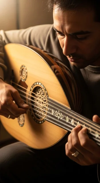 موسيقي مركز يعزف بمهارة على عود خشبي تقليدي في غرفة ذات إضاءة دافئة.