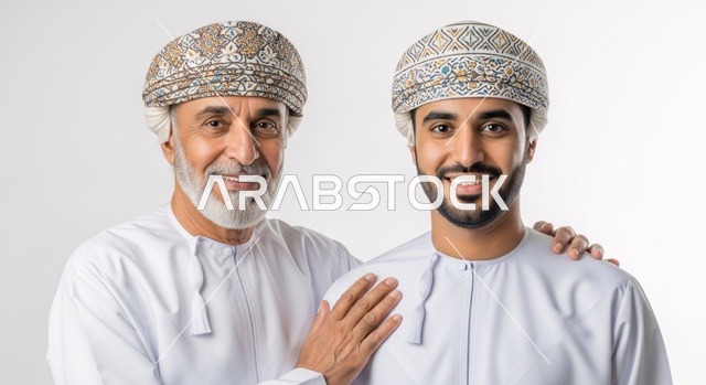 Two Omani men wearing traditional attire are looking at the princess with gestures of joy and happiness.