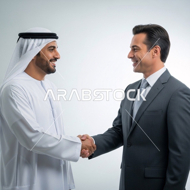 بيئة العمل الاماراتي، زملاء عمل، رجلان يصافحان بعضهما البعض في اتفاقية عمل