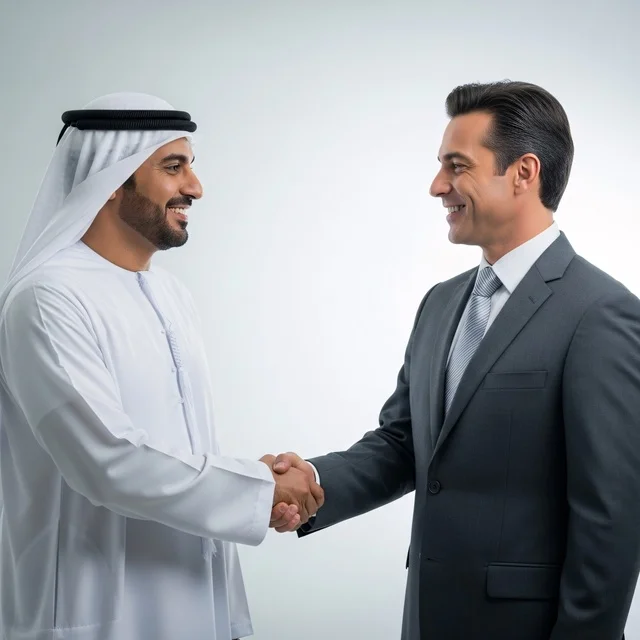 بيئة العمل الاماراتي، زملاء عمل، رجلان يصافحان بعضهما البعض في اتفاقية عمل