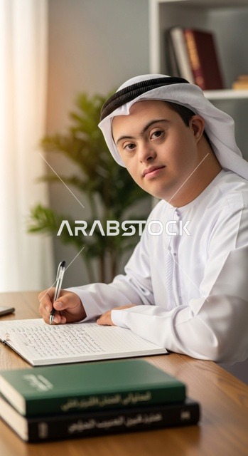The concept of work, culture, and religion, a Mongolian Emirati Muslim young man sitting at a desk studying religious texts.