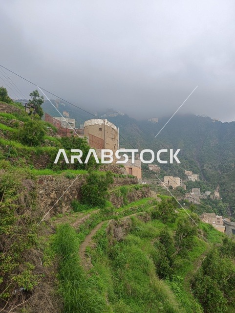 المناظر الطبيعية المتميزة، الطبيعة الساحرة في محافظة فيفاء بمنطقة جازان جنوب المملكة العربية السعودية ، الاماكن السياحية المشهورة، النباتات الخضراء والأشجار على القمم والمرتفعات الجبلية في منطقة جازان