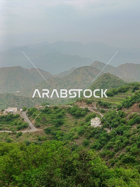 The houses and residential buildings on the peaks and mountain heights in the province of Faifa, the agricultural terraces in the city of Jazan in Saudi Arabia, the green trees and plants on the slopes of the mountains, the natural backdrop in the kingdom.