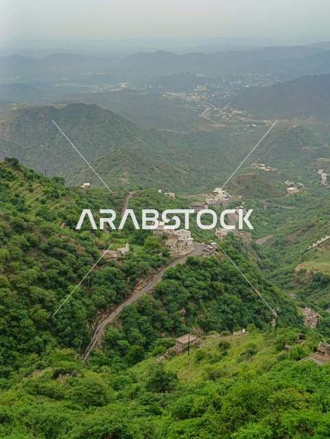 الأشجار والنباتات الخضراء على سفوح الجبال ، البيوت والمباني السكنية على القمم والمرتفعات الجبلية في محافظة فيفاء، المدرجات الزراعية في مدينة جازان في السعودية، خلفية الطبيعة في المملكة .