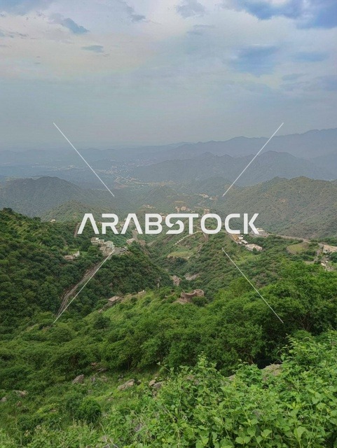 خلفية الطبيعة في المملكة، البيوت والمباني السكنية على القمم والمرتفعات الجبلية في محافظة فيفاء، المدرجات الزراعية في مدينة جازان في السعودية، الأشجار والنباتات الخضراء على سفوح الجبال  .