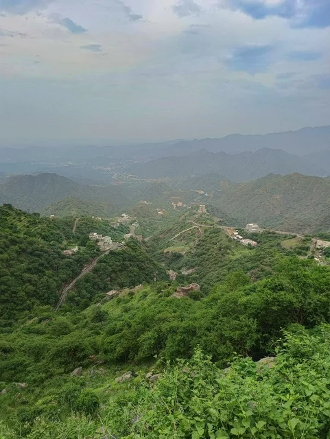 خلفية الطبيعة في المملكة، البيوت والمباني السكنية على القمم والمرتفعات الجبلية في محافظة فيفاء، المدرجات الزراعية في مدينة جازان في السعودية، الأشجار والنباتات الخضراء على سفوح الجبال  .