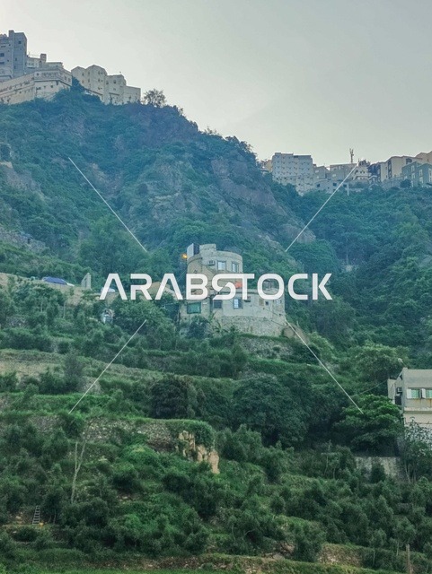 The green trees and plants on the slopes of the mountains, the houses and residential buildings on the peaks and highlands in the province of Faifa, the agricultural terraces in the city of Jazan in Saudi Arabia, the natural backdrop in the Kingdom.