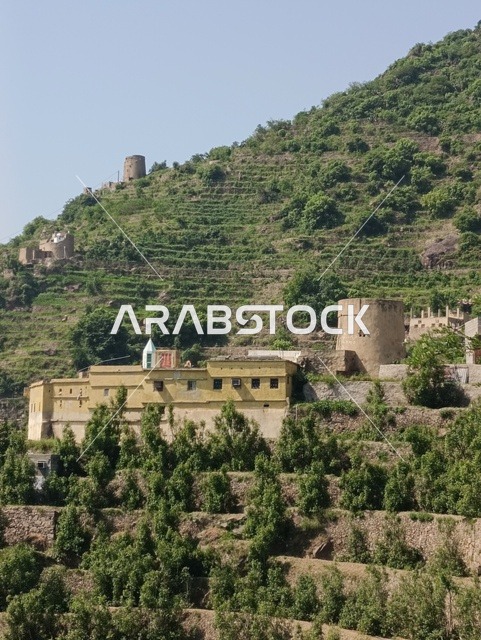 الأشجار والنباتات الخضراء على سفوح الجبال ،البيوت والمباني السكنية على القمم والمرتفعات الجبلية في محافظة فيفاء، المدرجات الزراعية في مدينة جازان في السعودية، خلفية الطبيعة في المملكة .