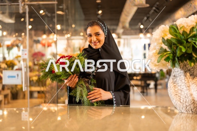 محلات ومتاجر بيع وشراء الورود والزهور الطبيعية للأعياد والمناسبات, امرأة عربية خليجية سعودية ترتدي العباءة والحجاب تحمل باقة ورد احمر طبيعي تنظر الى الكاميرا بايماءات تدل على الفرح والسعاده