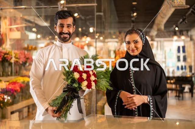 تعابير وايماءات المودة والسعاده، محلات ومتاجر بيع وشراء الورود والزهور الطبيعية للأعياد والمناسبات, زوج عربي خليجي سعودي يرتدي الثوب التقليدي يقوم بإهداء باقة ورد احمر طبيعي لزوجته