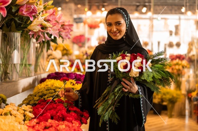 شراء الورود والزهور الطبيعية للأعياد والمناسبات من المحلات والمتاجر, امرأة عربية خليجية سعودية ترتدي العباءة والحجاب تحمل باقة ورد احمر طبيعي بايماءات الفرح والسعاده