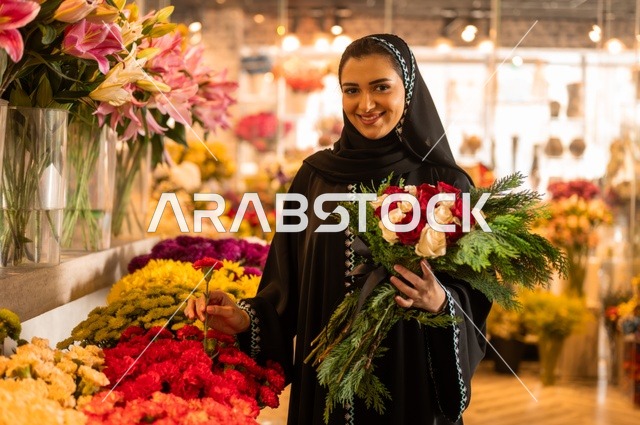 Buying natural flowers and roses for holidays and occasions from shops and stores, an Arab Gulf Saudi woman wearing an abaya and hijab holding a bouquet of natural red roses with gestures of joy and happiness.
