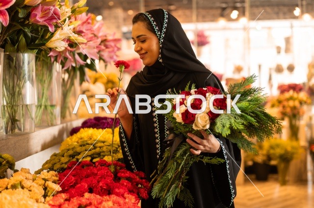 Buying natural flowers and roses for holidays and occasions from shops and stores, an Arab Gulf Saudi woman wearing an abaya and hijab holding a bouquet of natural red roses with gestures of joy and happiness.