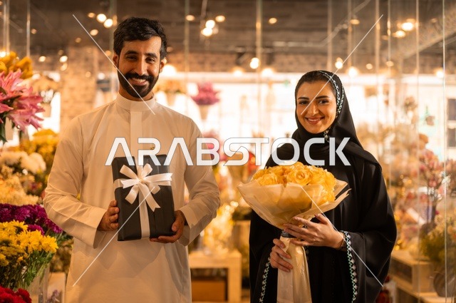 زوج عربي خليجي سعودي يرتدي الثوب التقليدي يقوم بإهداء باقة ورد احمر طبيعي وهدية مغلفة لزوجته، تعابير وايماءات المودة والسعاده، محلات ومتاجر بيع وشراء الورود والزهور الطبيعية للأعياد والمناسبات