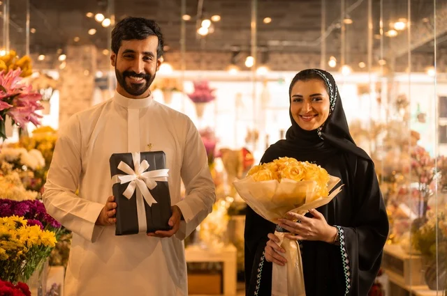 زوج عربي خليجي سعودي يرتدي الثوب التقليدي يقوم بإهداء باقة ورد احمر طبيعي وهدية مغلفة لزوجته، تعابير وايماءات المودة والسعاده، محلات ومتاجر بيع وشراء الورود والزهور الطبيعية للأعياد والمناسبات