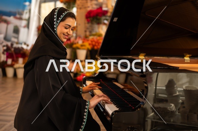 الطرب والانشطة ترفيهية، تقديم البرامج والفنون الموسيقية والفن المسرحي، إمراة خليجية سعودية عربية فنانة تجلس امام آلة البيانو الموسيقية تستمتع بالعزف، مواهب فنية موسيقية، قضاء الوقت بالعزف على الألات الوترية
