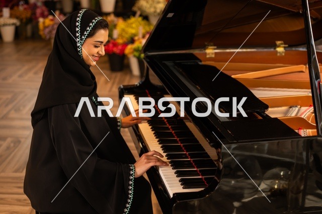 الطرب والانشطة ترفيهية، تقديم البرامج والفنون الموسيقية والفن المسرحي، إمراة خليجية سعودية عربية فنانة تجلس امام آلة البيانو الموسيقية تستمتع بالعزف، مواهب فنية موسيقية، قضاء الوقت بالعزف على الألات الوترية