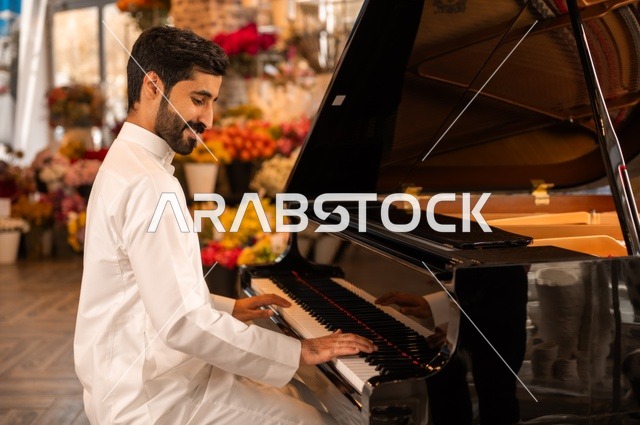مواهب فنية موسيقية، قضاء الوقت بالعزف على الألات الوترية، الطرب والانشطة ترفيهية، تقديم البرامج والفنون الموسيقية والفن المسرحي، رجل خليجي سعودي عربي فنان يجلس امام آلة البيانو الموسيقية ويستمتع بالعزف