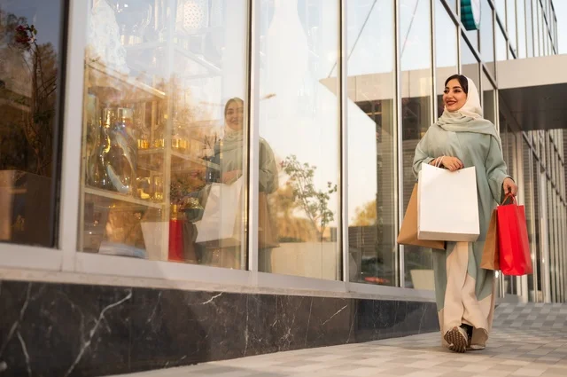 Exploiting seasonal offers and discounts, Black Friday, shopping from commercial centers, choosing supplies from the shopping mall, an Arab Gulf Saudi woman wearing an abaya and hijab carrying paper bags in her hand.