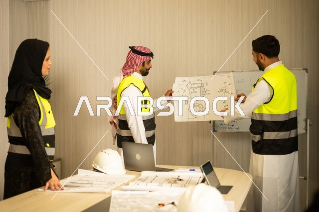 متابعة تنفيذ الخطط الهندسية الموضوعة، الشركات المختصة بورشات البناء والمقاولات، التخطيط ووضع المخططات المعمارية، مجموعة مهندسون عرب خليجيون سعوديون يعملون على مناقشة مخطط الإنشاء وتحديد القياسات بدقة داخل مقر الشركة