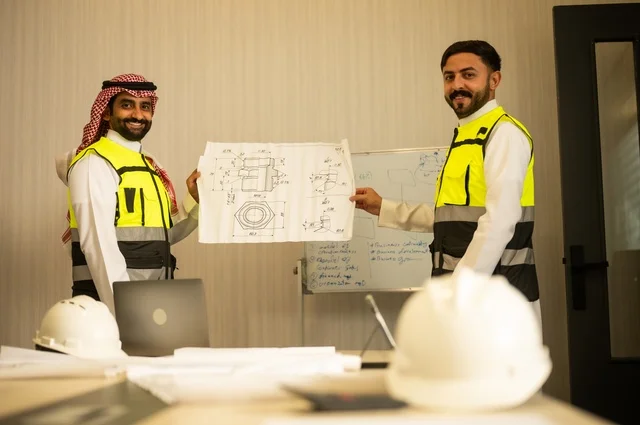 Monitoring the implementation of the established engineering plans, companies specialized in construction workshops and contracting, planning and developing architectural designs, a group of Arab Gulf Saudi engineers are working on discussing the construction plan and accurately determining the measurements within the company's headquarters.
