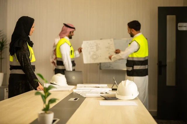 متابعة تنفيذ الخطط الهندسية الموضوعة، الشركات المختصة بورشات البناء والمقاولات، التخطيط ووضع المخططات المعمارية، مجموعة مهندسون عرب خليجيون سعوديون يعملون على مناقشة مخطط الإنشاء وتحديد القياسات بدقة داخل مقر الشركة