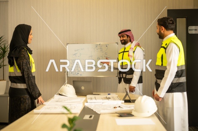 متابعة تنفيذ الخطط الهندسية الموضوعة، الشركات المختصة بورشات البناء والمقاولات، التخطيط ووضع المخططات المعمارية، مجموعة مهندسون عرب خليجيون سعوديون يعملون على مناقشة مخطط الإنشاء وتحديد القياسات بدقة داخل مقر الشركة