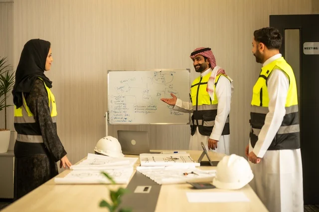 متابعة تنفيذ الخطط الهندسية الموضوعة، الشركات المختصة بورشات البناء والمقاولات، التخطيط ووضع المخططات المعمارية، مجموعة مهندسون عرب خليجيون سعوديون يعملون على مناقشة مخطط الإنشاء وتحديد القياسات بدقة داخل مقر الشركة