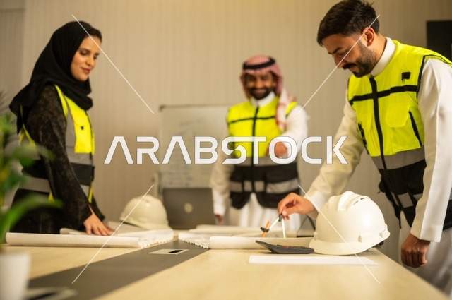 مجموعة مهندسون عرب خليجيون سعوديون يعملون على مناقشة مخطط الإنشاء وتحديد القياسات بدقة داخل مقر الشركة، متابعة تنفيذ الخطط الهندسية الموضوعة، الشركات المختصة بورشات البناء والمقاولات، التخطيط ووضع المخططات المعمارية