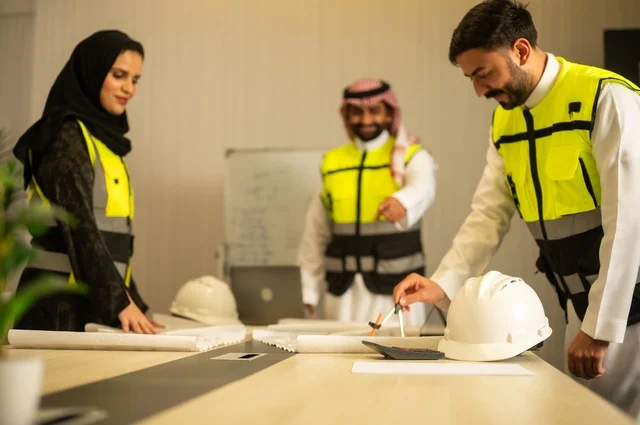 مجموعة مهندسون عرب خليجيون سعوديون يعملون على مناقشة مخطط الإنشاء وتحديد القياسات بدقة داخل مقر الشركة، متابعة تنفيذ الخطط الهندسية الموضوعة، الشركات المختصة بورشات البناء والمقاولات، التخطيط ووضع المخططات المعمارية