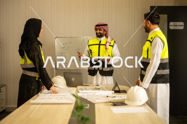 مجموعة مهندسون عرب خليجيون سعوديون يعملون على مناقشة مخطط الإنشاء وتحديد القياسات بدقة داخل مقر الشركة، متابعة تنفيذ الخطط الهندسية الموضوعة، الشركات المختصة بورشات البناء والمقاولات، التخطيط ووضع المخططات المعمارية